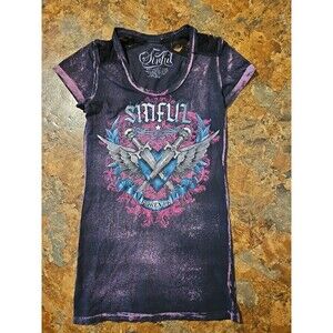 Vintage Sinful‎ By Affliction TShirt Womens Blk/Purple  Graphic Y2K Wings (A13)